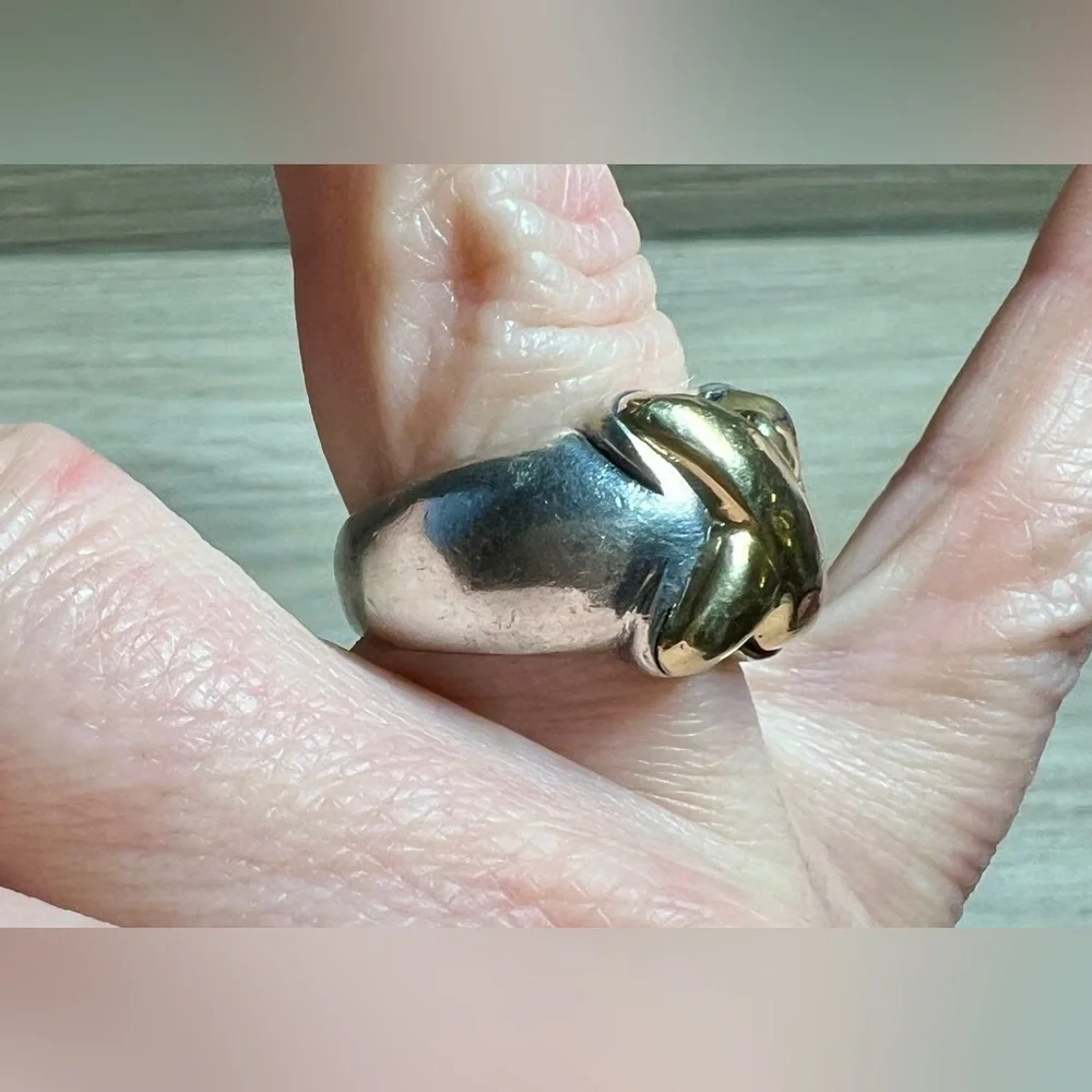 Vintage Designer Hallmarked 950 Silver & 18K Gold Puffy X Band Ring, Size 7
